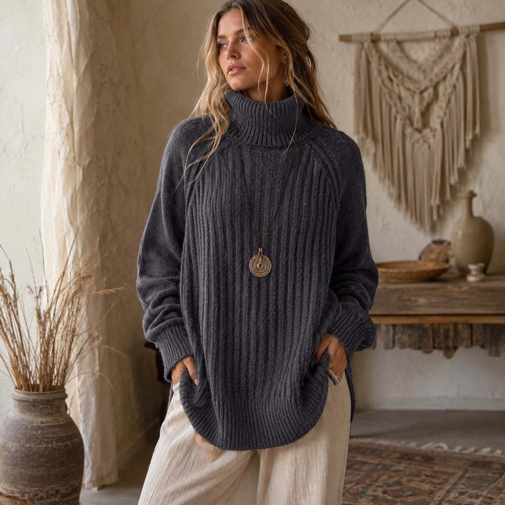 Free People Big City Sweater Gray Ribbed Turtleneck Slouchy Oversize Cozy Boho L